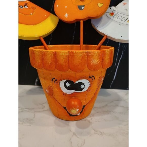 Hand Painted Wood Folk Art Ghost Pumpkin Candy Corn 3D Planter Décor Halloween - Picture 3 of 11